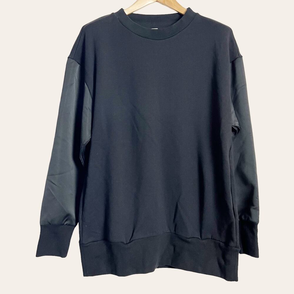 Eleventy Women's Black Crewneck Oversized Satin Pullover Sweatshirt Size S